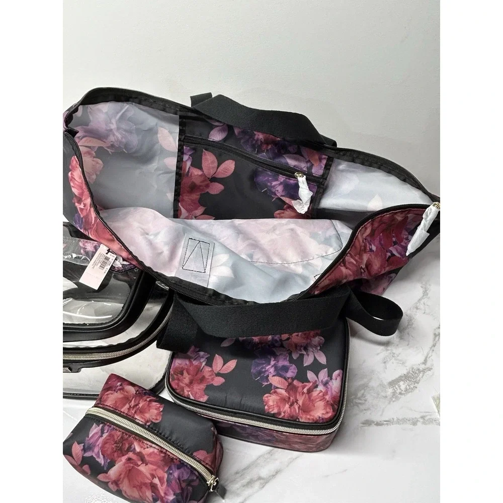 Victoria's Secret Floral Weekender Travel Bag 4 Pc Cosmetic Set NWT Pink Purple